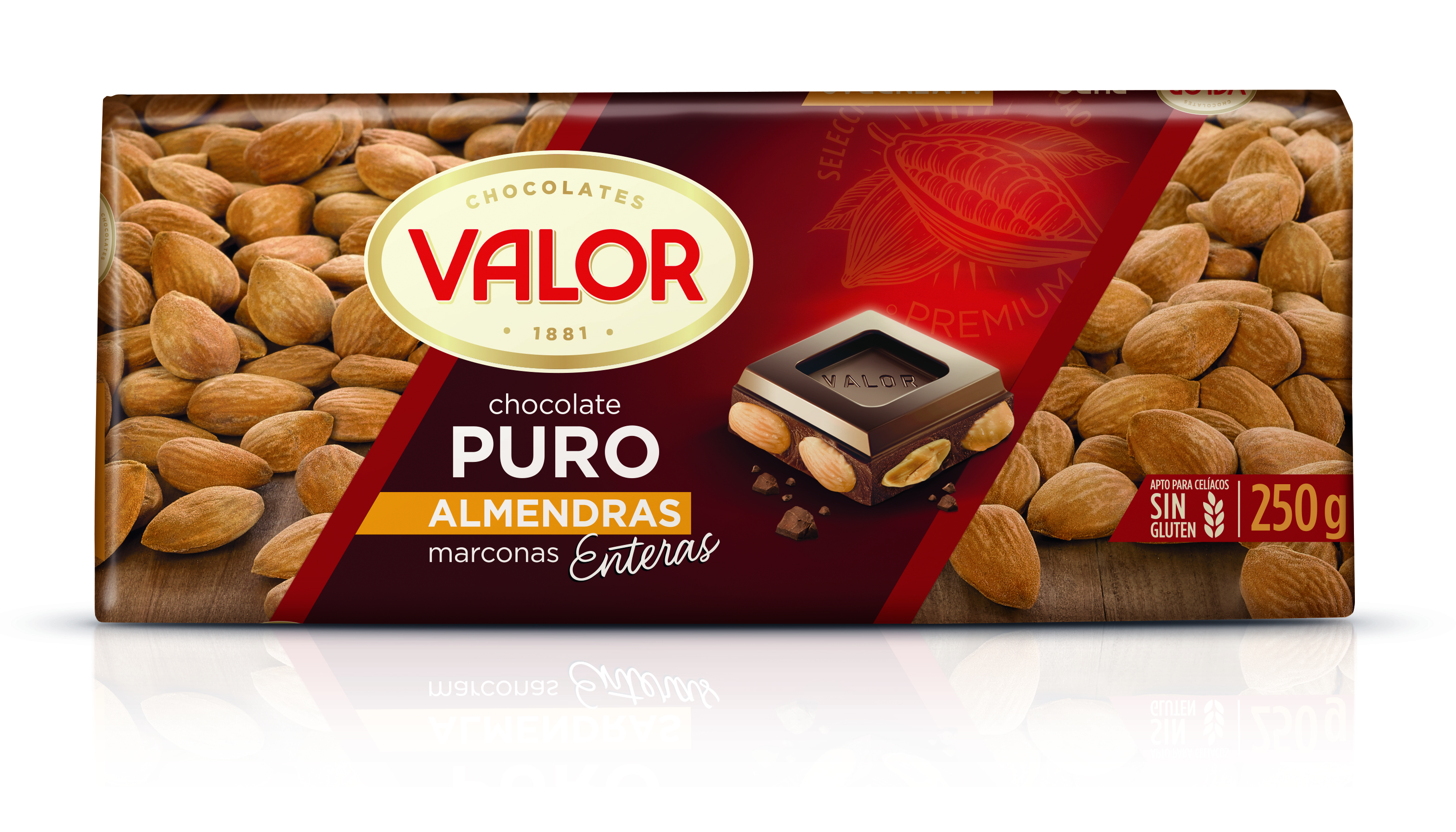 Chocolate Puro con Almendras Mediterráneas. 0% Azúcares Añadidos.