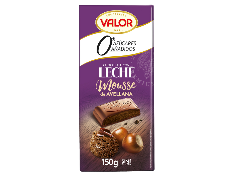 Chocolate con Leche y Mousse de Avellana. 0% Azúcares Añadidos.